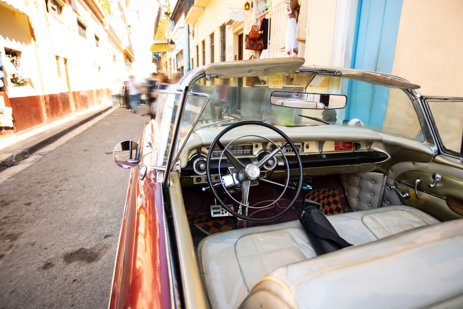 View of red retro vehicle interior